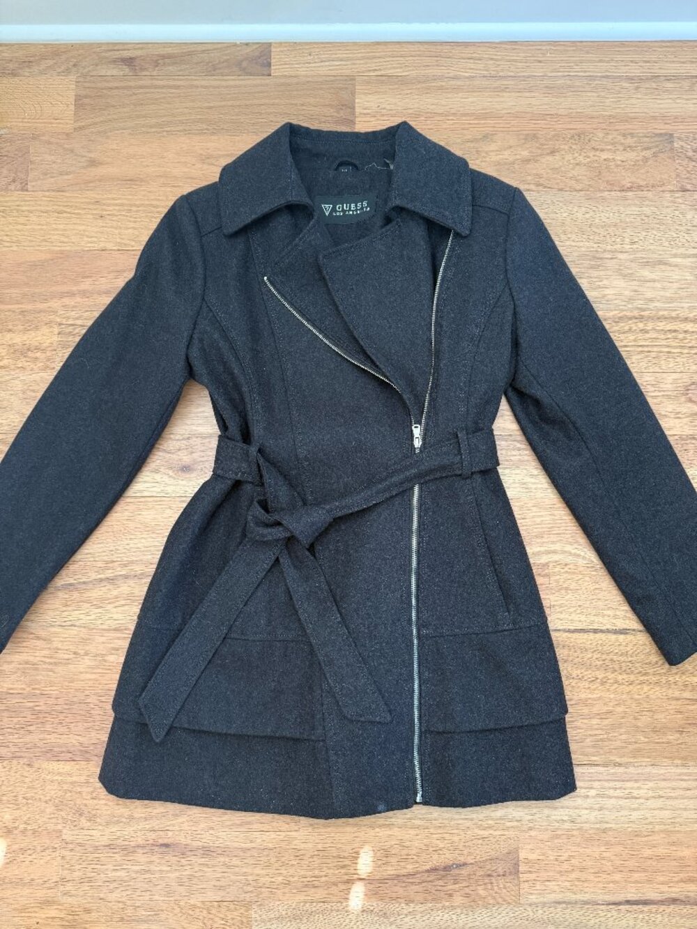 Guess Gray Wool Belted Asymmetrical Zip Coat - Size L